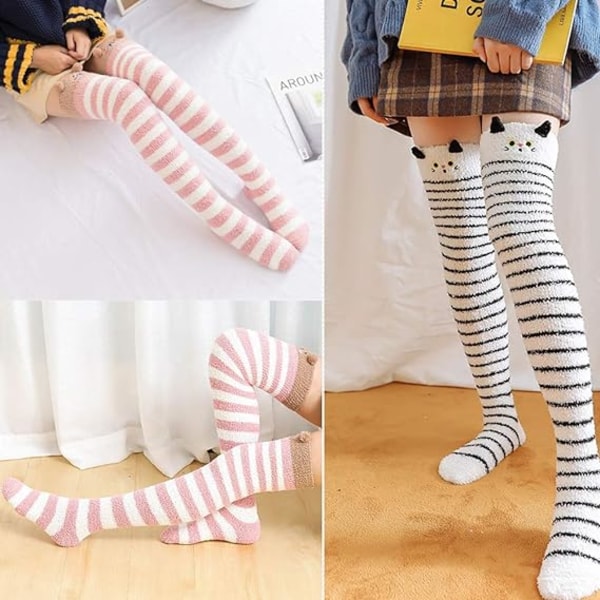 2 par Coral Velvet Knæhøje sokker til kvinder (kat og bjørn,