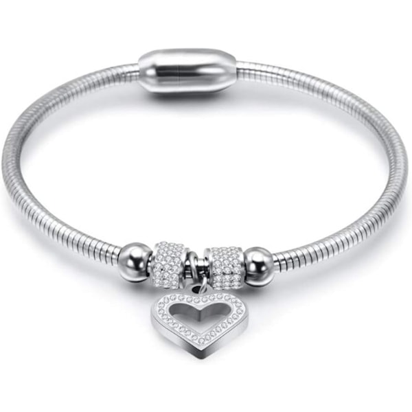 Stainless Steel Heart Charm Cubic Zircon Anniversary Valentine Bangle Bracelet