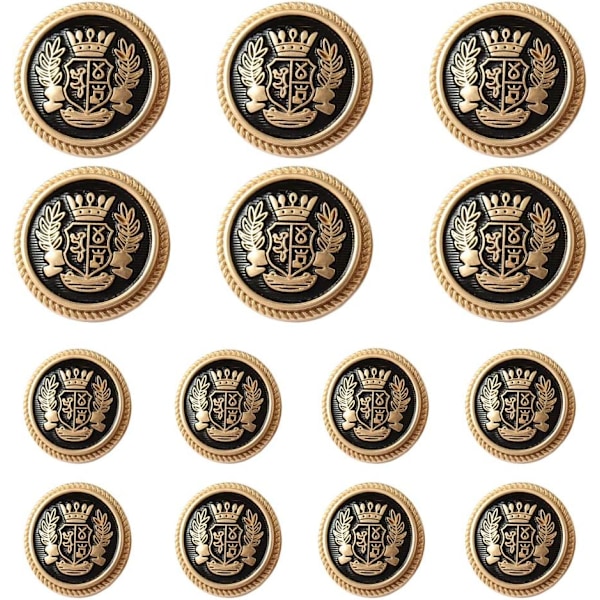 14 Delar Svart Guld Metall Blazer Knappset 1.5cm, 2cm. för Blazrar, Kostymer, Sportkavajer, Uniformer, Jackor