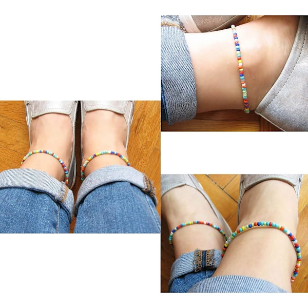 Små Ankelkjeder med Perler for Kvinner Strand Fot Ankelarmbånd Søte Fargerike Boho Perleankelkleder 8 tommer