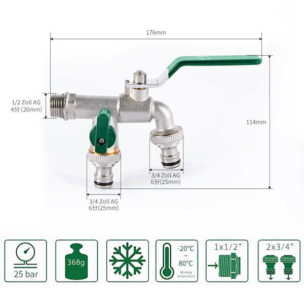 Havefaucet, 1/2 tommer dobbelt udgangshavefaucet, messing, rust- og frostbestandig