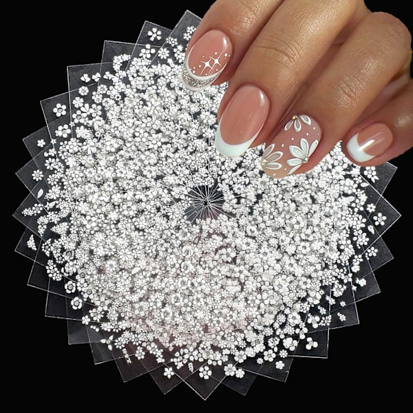 30 ark vita blommor nagelkonst klistermärken 3D självhäftande vita blommor nagelklistermärken design små blommiga med strass nagelkonst dekaler vår sommar