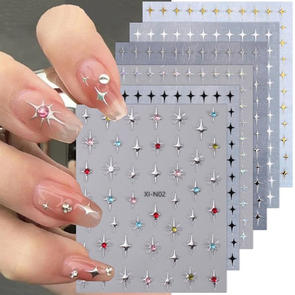 6 ark stjärn-nagelklistermärken för nagelkonst, 3D glitter glänsande guld silver vit svart stjärnor nagelkonst design dekaler självhäftande stjärnklistermärken DIY nagel D