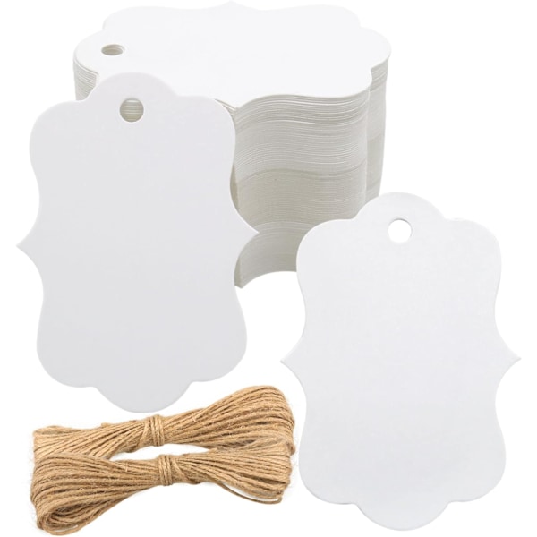 150 stk Hvite Papirlapper, 2,7x2 tommer Blanke Gavelapper med Snøre, Skallformede Prislapper, Blanke Gavehengelapper for Gaveinnpakking, Bryllup, Varemerker