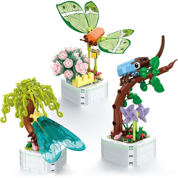 3-Pack Potted Flower/Plant Building Block Kit, Insect Collection with Butterfly, Cicada, Rhino Beetle - Bug & Plant Buil