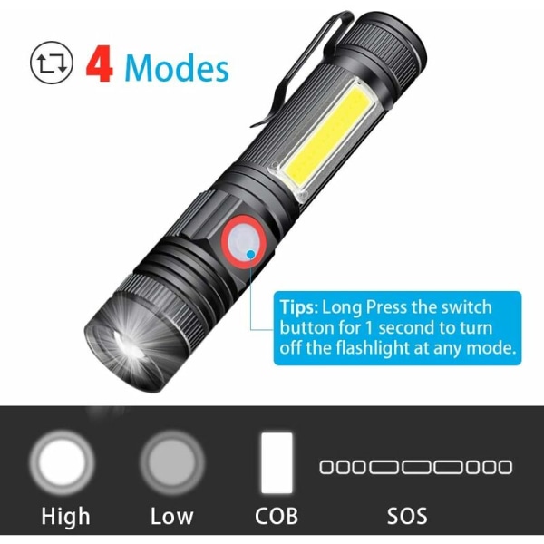 USB Laddningsbar LED Ficklampa, COB Super Ljus Vattentät Ficklampa