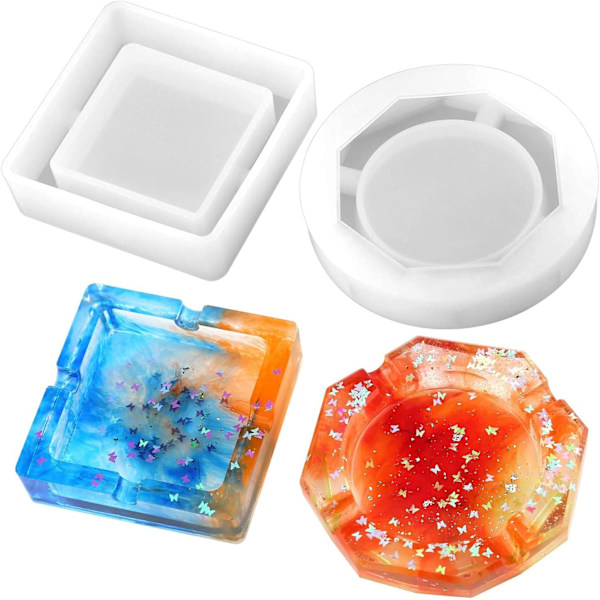 2 Stykker Askebeger Resin Former, Silikon Resin Form med Firkant og Rombe & Rund Form for Resin Støping, DIY Håndverk