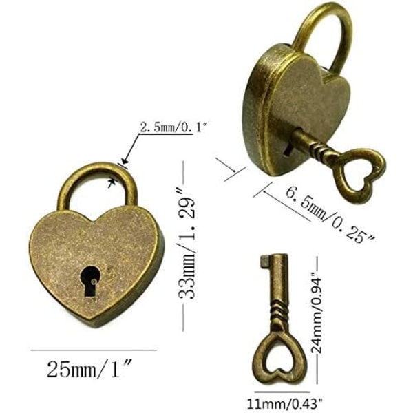 Sæt med 2 Old Style Archaize formet mini hængelås (hjerte) med nøgle,