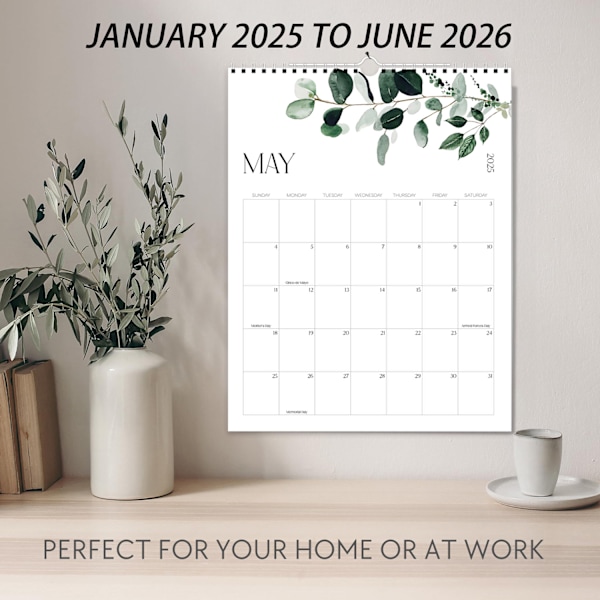 Estetisk Väggkalender 2025-2026 - Löper från januari 2025 till juli 2026 - Den perfekta moderna gröna kalenderplaneraren för enkel organisering