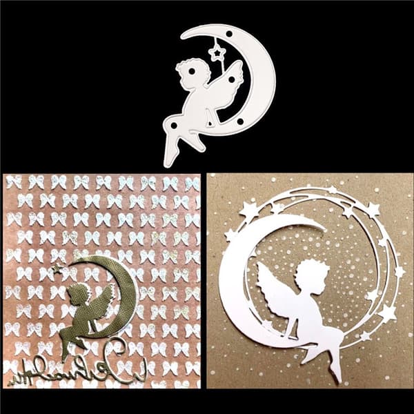 Engel på Månen metalskærestans til scrapbooking, håndværk, prægning, papirkort, stencil, sølv, 7,5 x 5,3 cm