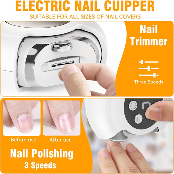 3 i 1 Elektrisk Negleklipper, Elektrisk Negletrimmer 3 Hastigheter Automatisk Negleklipper med LED-lys Elektrisk Tåneglklipper for Eldre Fingernail Cli