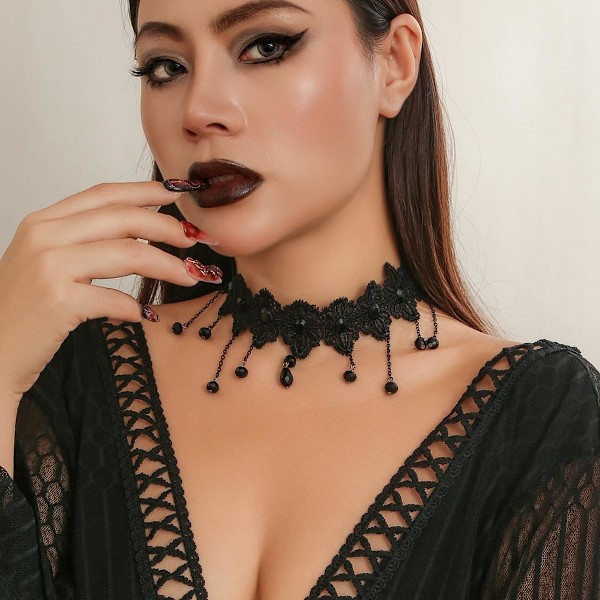 Gotisk Svart Spets Choker Halsband för Kvinnor Retro Gotisk Kristall Tofs Halsband Punk Vampyr Choker Halsband Goth Halsband Julfest Halloween