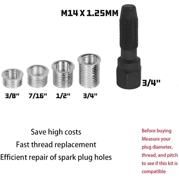 5 kpl M14 x 1,25 sytytystulpan kierteiden korjaussetti, sylinterinkansi kierteiden uudelleenleikkaus