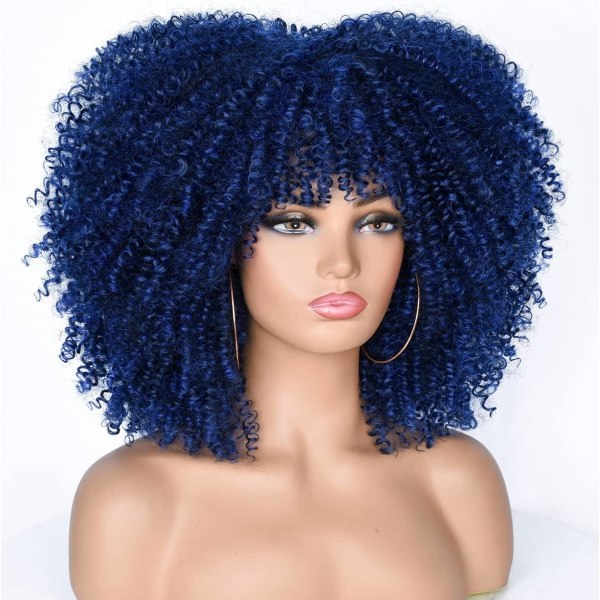 (Mörkblå) 14" svart lockig peruk för kvinnor, kort svart hår, freaky