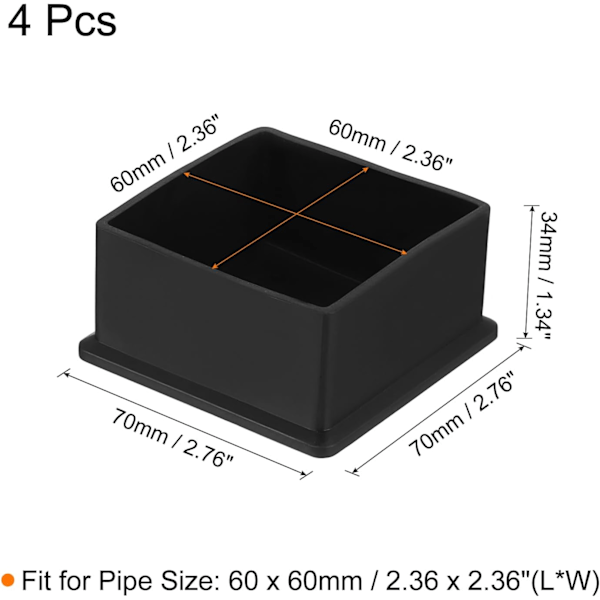 4 stk. firkantede PVC stolbenshetter, 60 mm x 60 mm OD, svart, bordmøbelbensbeskyttere, møbelbenshetter