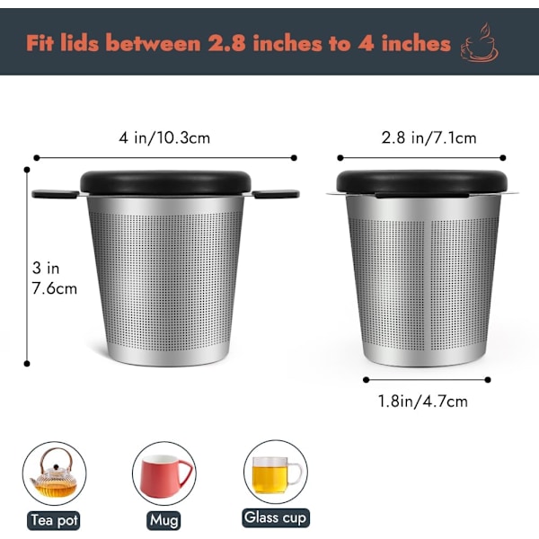 2 stk. teinfuser for løs te, tebrygger i rustfritt stål med varmebestandig håndtak, ekstra finmasket tesil, gave til teelskere (svart, grå)