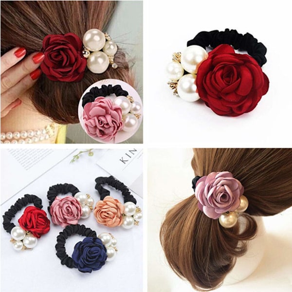 4 kpl Korean Fashion Pearl Hair Rope Rose Flower Rhinestone Hair Ties/ Jewelry Rubber Band