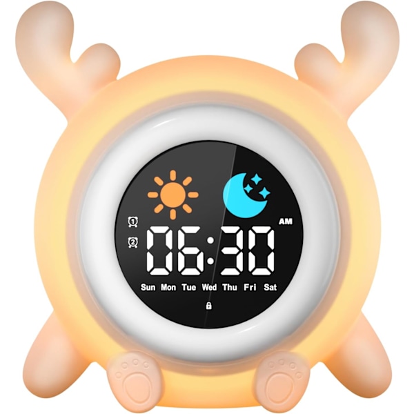 Børnealarmur med uddannelsesmæssig dag/nat-funktion, 2 alarmer/12/24 timer/snooze, justerbar skærmbelysning i 7 farver, digital morgenalarm C
