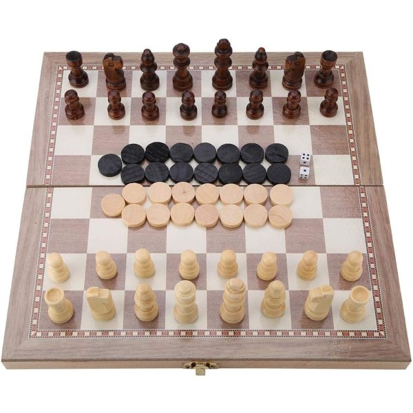 Træ Skakspil, 3-i-1 Skak, Dam og Backgammon Foldbart