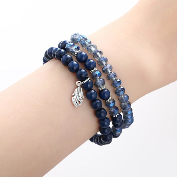Stapelbara kristallpärlarmband för kvinnor Boho Multi Layer Stretch Armband Natursten Pärlarmband med blad Ch