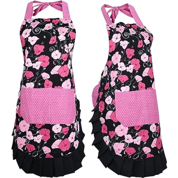 Rosa petuniamönsterförkläde, volangköksförkläde med fickor, annons