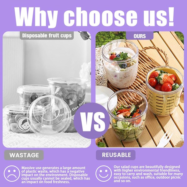 Oppbevaringskopp for fruktsalat med lokk og gaffel, gjenbrukbare plastbeholdere for fruktoppbevaring i kjøleskap med dreneringskurver, BPA-fri og lekkasjesikker, holder frukten frisk