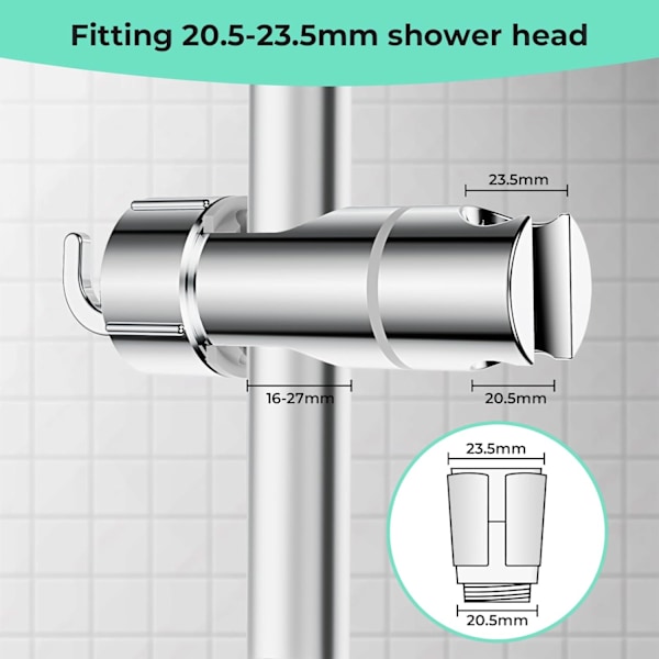2 stk Justerbar Dusjholder med 2 Kroker for 20,5-23,5 mm Dusjhoder, Universal Dusjhodeholder for 18-25 mm Stang, Krom Hånddusjbrakett