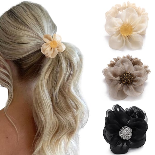 (3-pack) Hårband Blommig Hår Scrunchies Rhinestone Ponytail Hållare Elastiska Hårband Hårtillbehör för Kvinnor och