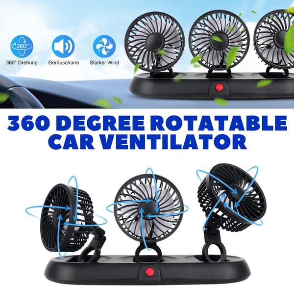 Bilventilator, Bilventilator, USB Bilventilator, Dobbelt Hoved Ventilator, 360° Rotation, 3 Justerbare Strømtilstande, Bil