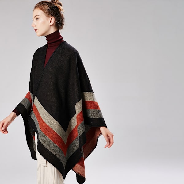 Poncho Sjal Kvinna Kap Scarf (Randig/Svart) Tjock Elegant