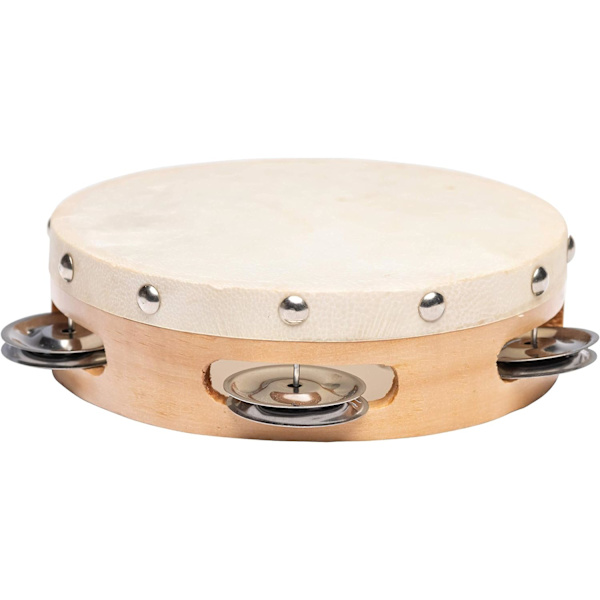 Naturhud Tamburin - ø15 cm - 8 Jingles - Træbånd -