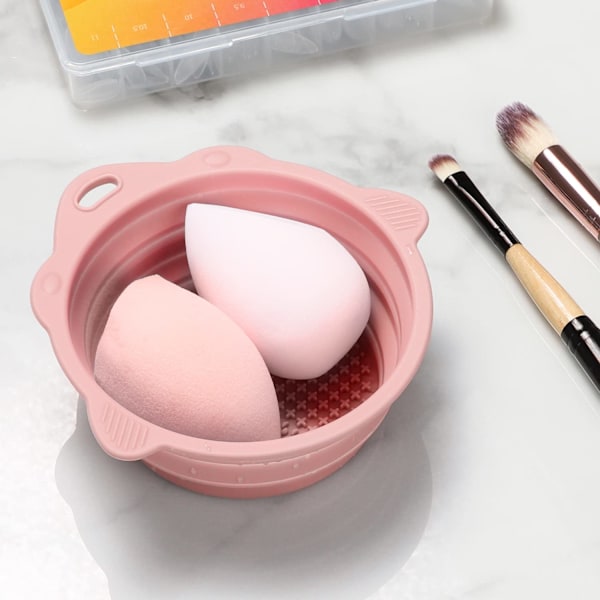Vikbar Silikon Makeupborste Rengöringskopp - Bärbar Rengöringsverktyg för Borstar, Puderpuffar och Svamp (Rosa)
