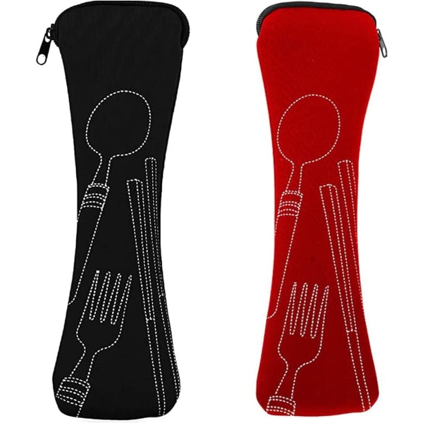 2 delar bestickväska, bärbara bestickpåsar (svart röd) med blixtlås