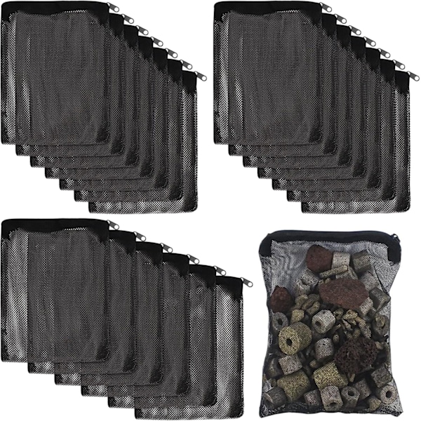 20 stk Akvariefilter Media Poser 20x15cm Fine Mesh Poser Gjenbrukbare Filterposer med Plastglidelås for Biosfærer, Keramiske Ringer (Svart)