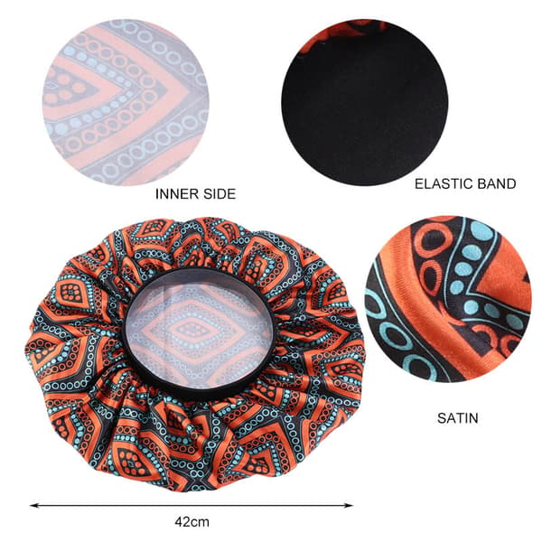Rund, elastisk natteshue (blå og orange print) med elastisk hovedbånd