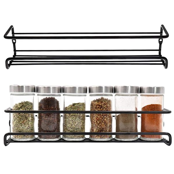 Sett med 2 veggmonterte krydderhyller (29×6,5 cm, svart), egnet for