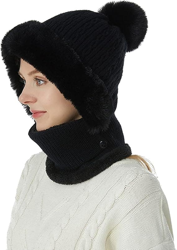 Sort 2 i 1 Beanie Kvinder Vinter Varmt Hat Halsklæde Beanie Vinter Balaclava
