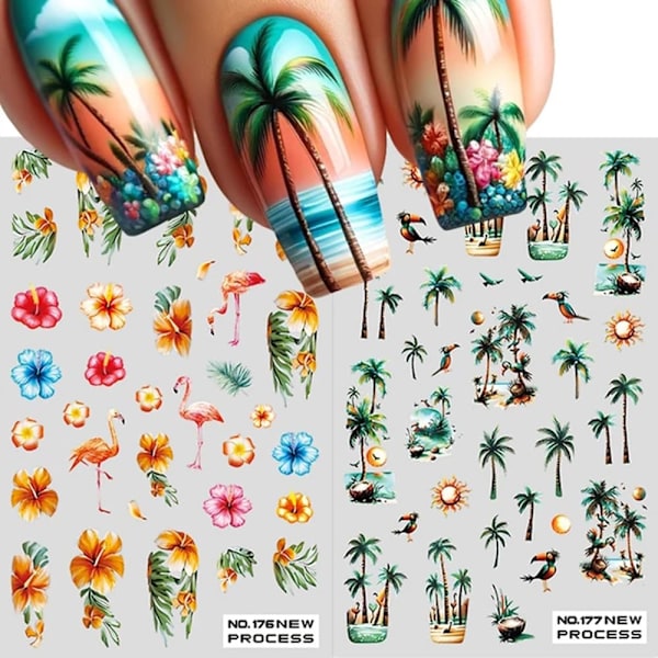 2 st Palmträd Flamingo Blommor Sommar Nageldesign Stickers Manikyr Tillbehör Tropisk Stil Nageldekaler för Akryl Nagelkonst Dekorationer Tillbehör