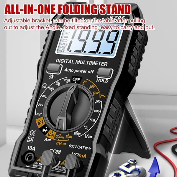 600V digital multimeter, voltmeter, kontinuitetstestare, med vikbart stativ och testkablar för AC/DC-spänning, DC-ström, resistans