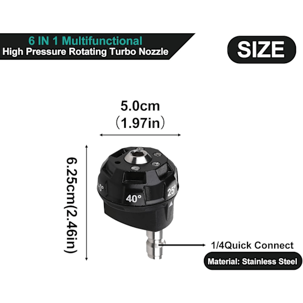 6 i 1 Høytrykks Roterende Turbo Dyse Adapter Multifunksjon Vannsøyle Skumpistol & Høytrykksspyler Pistol Adapter - Hurtigkobling Messingplugg