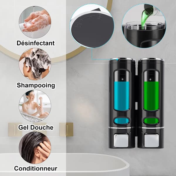 Vægmonteret sæbedispenser, brusegel/shampoo dispenser 400ml x 2 sort