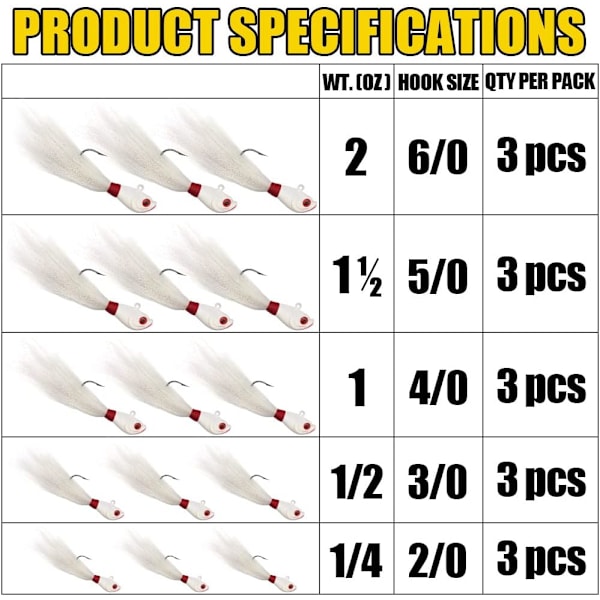3 kpl Bucktail-Jigit-Suolavesi-Karvajigit-Pää -Kalastusvieheet-Lajitelmasarja-14g