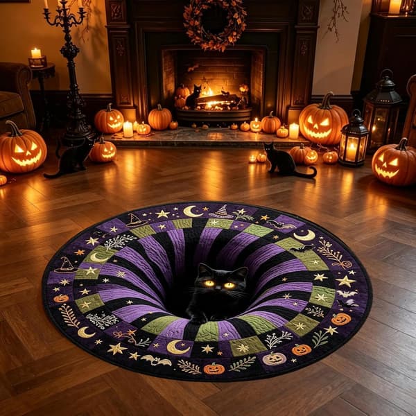 3D Halloweenmatta, optisk illusion, rund, 80 x 80 cm, halkfri, mjuk sammet