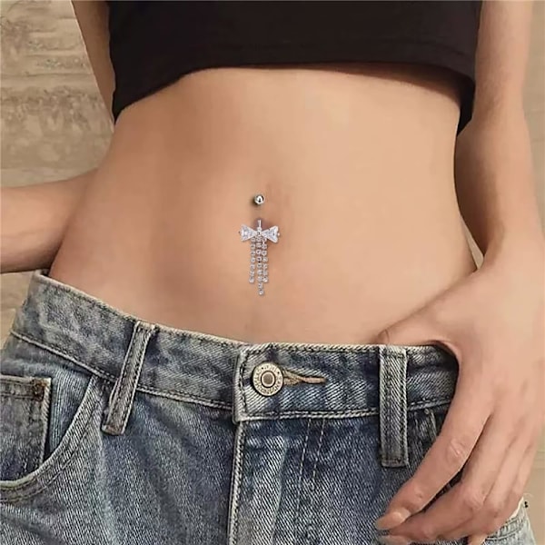 14G Glittrande CZ Rosett Tofs Hängande Navelpiercing för Kvinnor Allergivänlig 316L Rostfritt Stål Navel Barbell Ringar 3/8 Tum Kroppspiercing