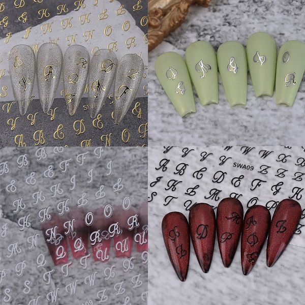 8 Ark Retro Engelska Bokstäver Nagelstickers för Nagelkonst 3D Självhäftande Svart Vit Guld Silver Design Nageldekaler Pegatinas Uñas för Kvinnor DIY Ma