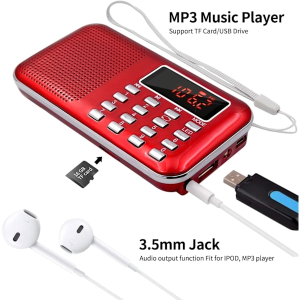 Bærbar Oppladbar FM/AM Radio USB Micro-SD og Innebygd Mp3-spiller (Rød)