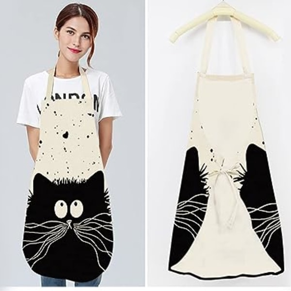Musta kissa-esiliina, unisex keittiöesiliina, piirretty grilliesiliina