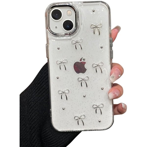 Deksel til iPhone 15, Bling Glitter 3D Sløyfe Telefondeksel Søt Glitrende Krystallklar Sløyfe Estetisk Design Deksel Slank Myk Holdbar TPU Transparent Beskyttelse