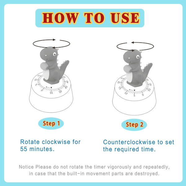 1 pakke kjøkkenur, søt dinosaurtimer for barn, mekanisk eggtimer for matlaging/lesing/klasserom/idrett.（Grønn
