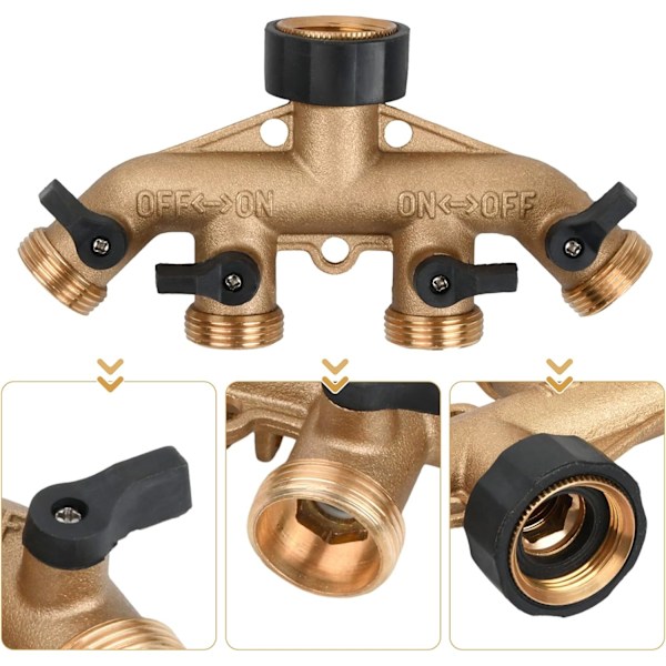 Vannsplitter, 4-veis messingkran hagefordeler, hageslange splitter med separat ventil, 3/4\" vannkobling, for hagevanning, utendørs
